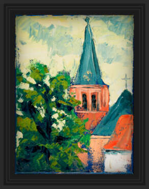 artist rod coyne's dutch cityscape "Mondrians church" is shown here in a black frame.