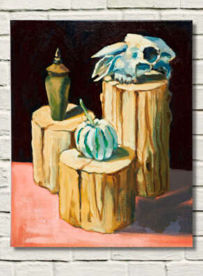 Rod Coyne's painting: "Sheep Skull Still Life" is shown here on a white wall