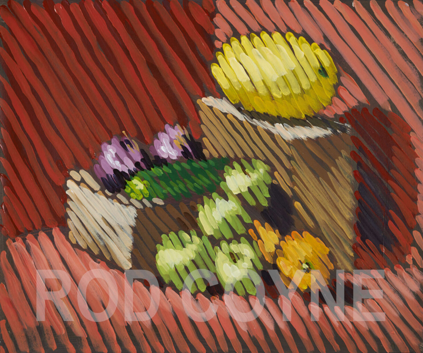 artist rod coyne's painting "diagonal stripe still life" is shown here, watermarked.