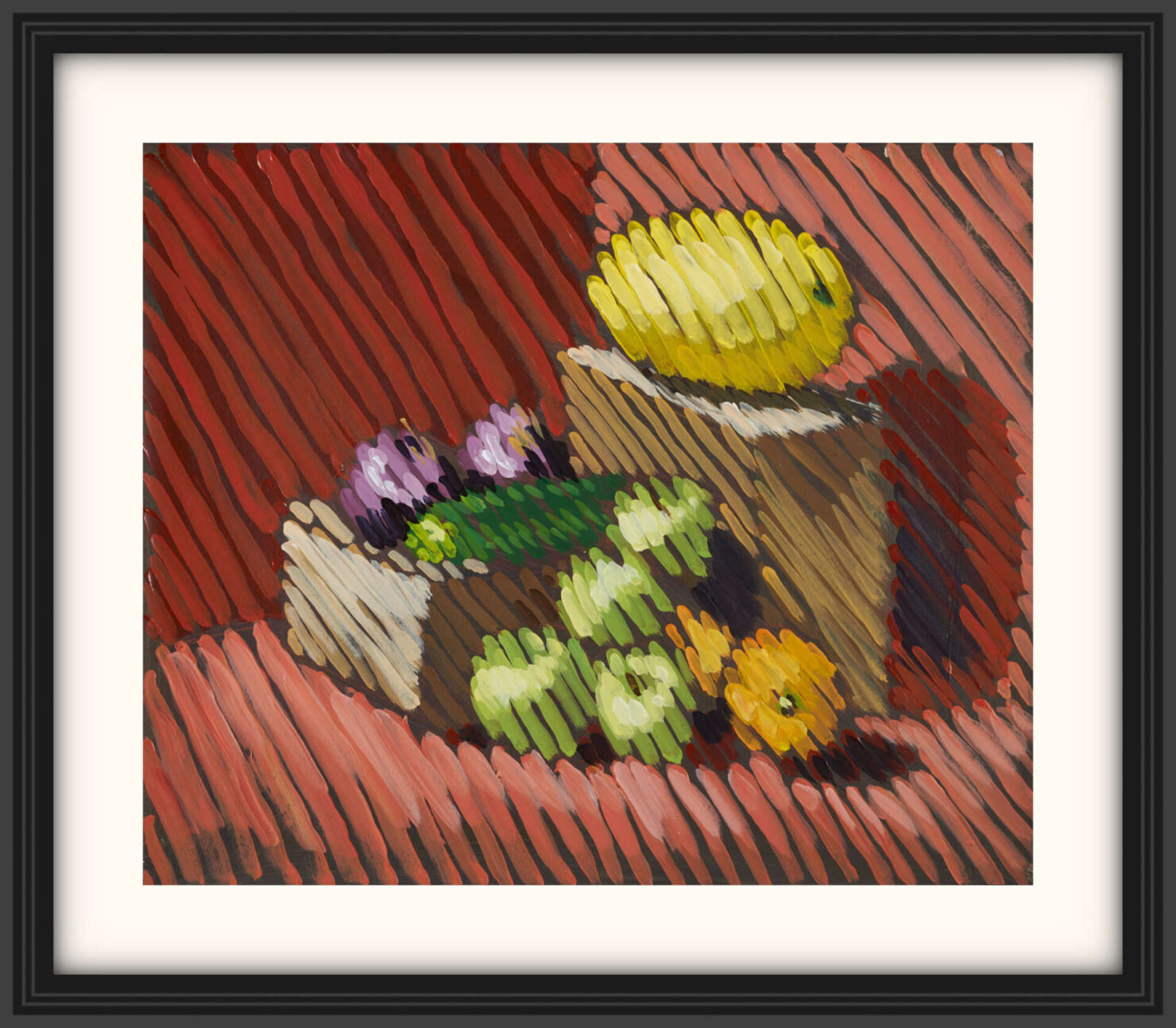 artist rod coyne's painting "diagonal stripe still life" is shown here, on a white mount in a black frame.