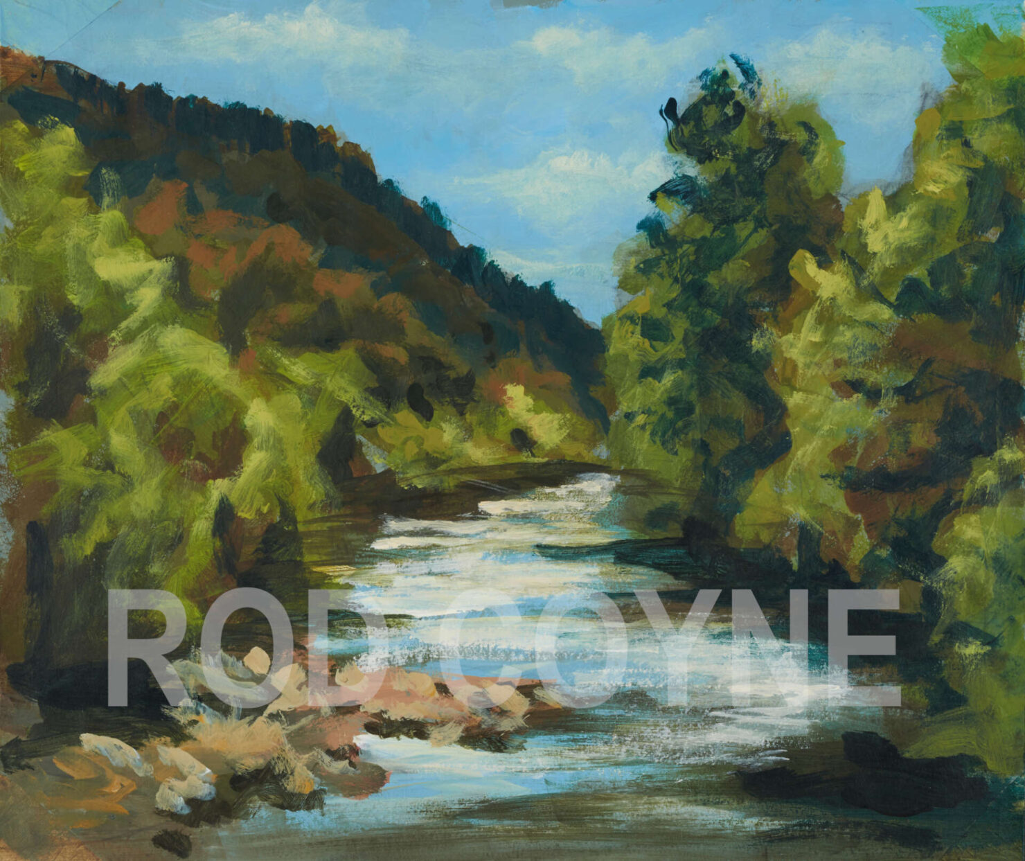 artist rod coyne's painting "meeting of the waters" is shown here, watermarked.