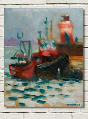 Artist Rod Coyne's painting Wicklow Trawlers Shelter is shown here on a white wall
