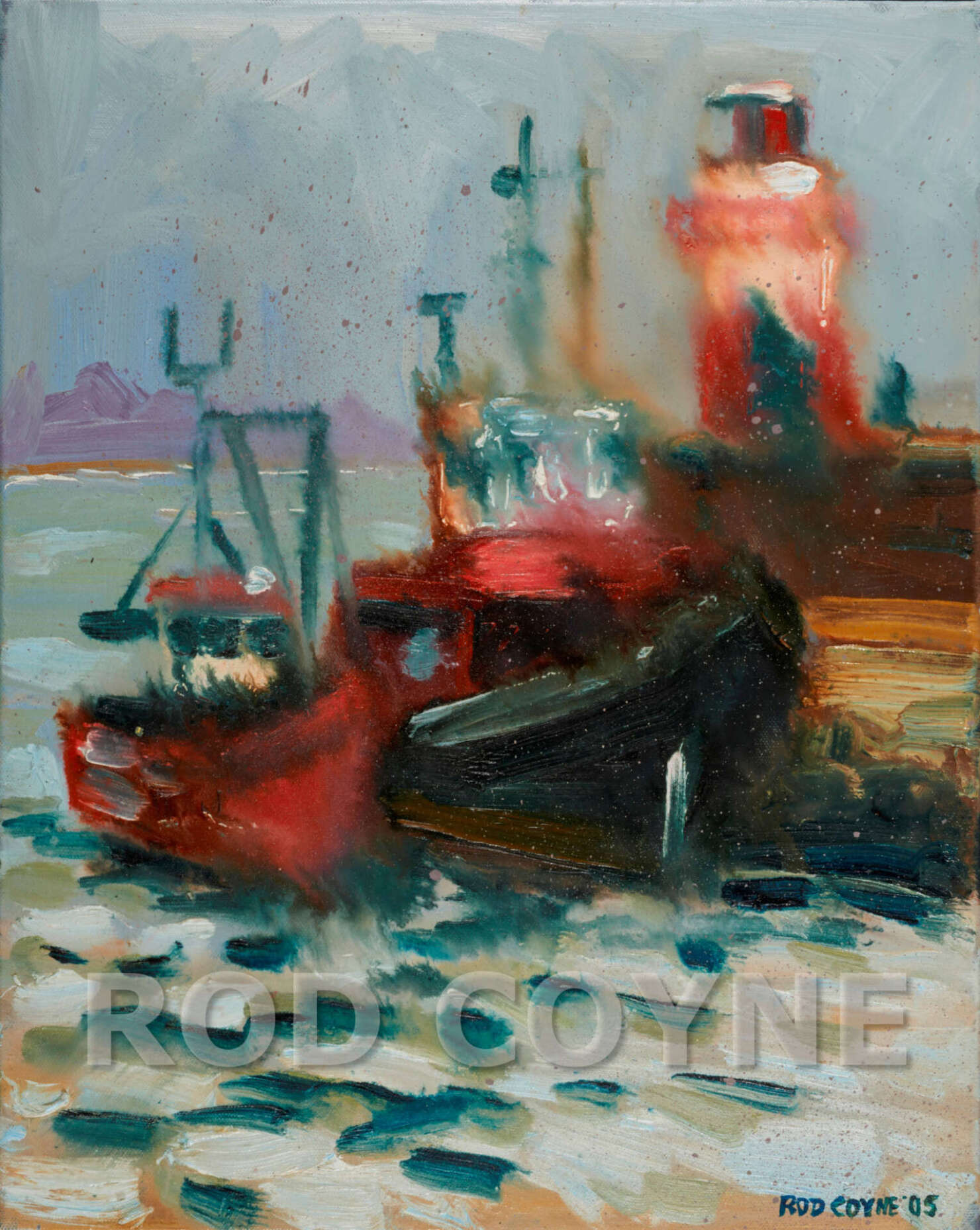 artist rod coyne's painting "Wicklow Trawlers Shelter" is shown here watermarked.