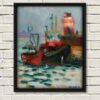 Artist Rod Coyne's painting Wicklow Trawlers Shelter is shown here in a black frame on a white wall