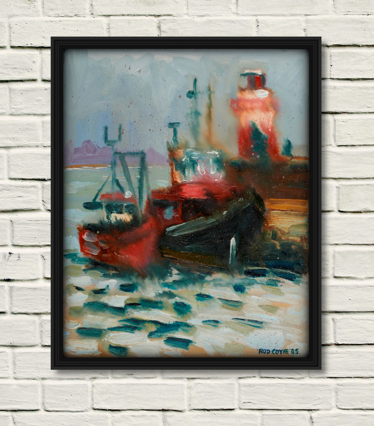 Artist Rod Coyne's painting Wicklow Trawlers Shelter is shown here in a black frame on a white wall
