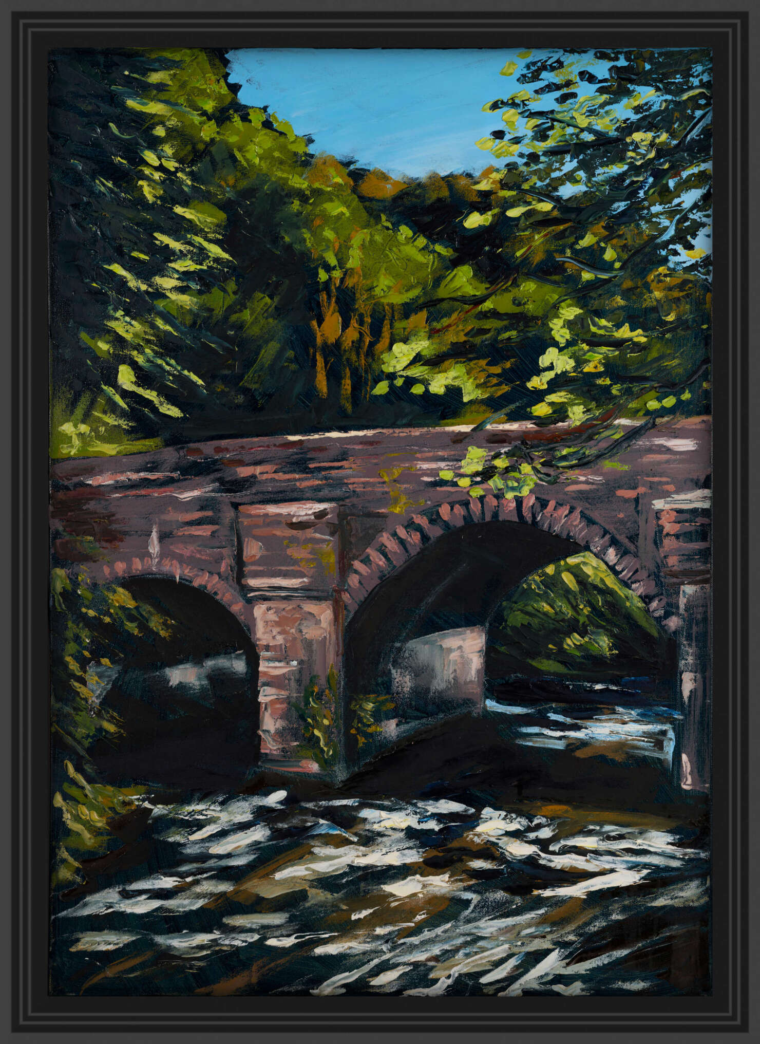 artsit rod coyne's painting "meeting o.t. waters" is shown here in a black frame.