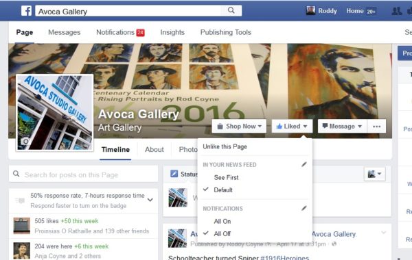 Facebook Notify Settings for Avoca Gallery - OFF