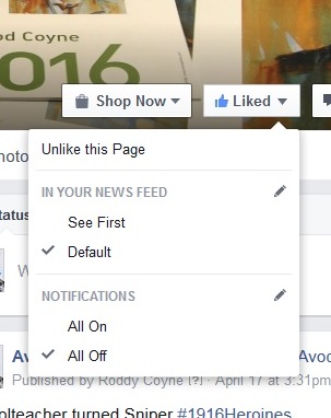 Facebook Notify Settings for Avoca Gallery - ALL OFF - close up.