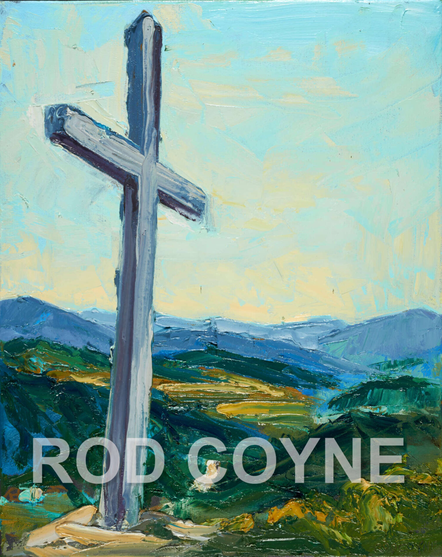 artist rod coyne's landscape painting "Avoca Miners Cross" is shown here , watermarked.