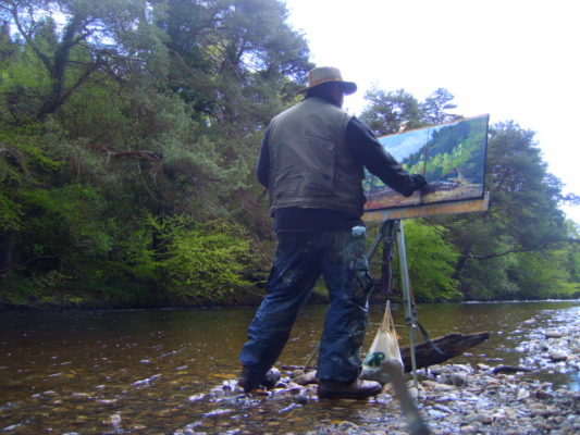 Irish Plein Air painting, Rod Coyne struggles to finish as the river rises below his boots!