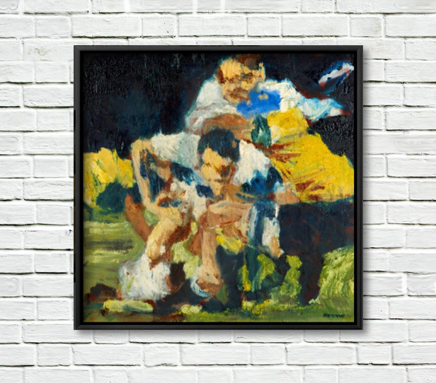 artist rod coyne's painting "Martin Johnson, Crash Ball" is shown here framed on a white brick wall.
