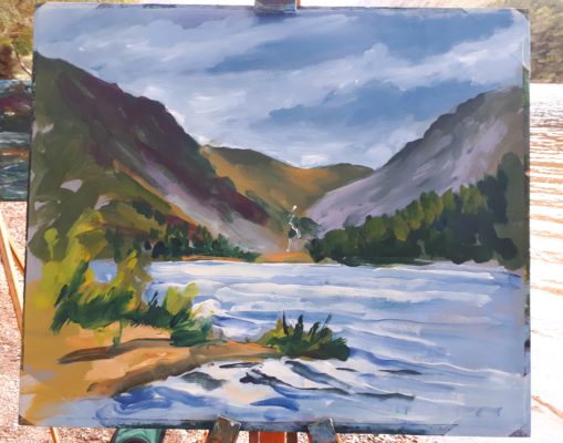 For every workshop Rod Coyne starts the day with a painting demo. Here you see his latest work presented in front of the Upper Lake, Glendalough.