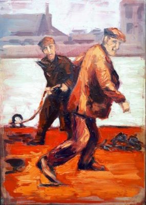 In "Hot Dockers" Rod Coyne interprets a vintage image depicting men at work through a palette of fiery reds, oranges and pinks.