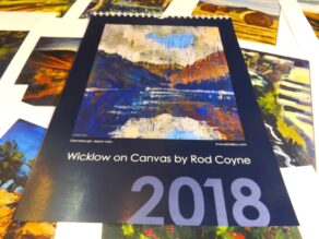 2018 Calendar choice is Rod Coyne's "Wicklow on Canvas". Here we see the midnight blue cover resting upon twelve months of loose pages.