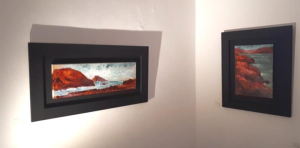 The artist's experimentation with framing as well as his painting palette paid off and the black mounts drew universal acclaim. These two canvases are "Crimson Lady's Ruff" 30x60cm and "Tierra del Fuego" 30x40cm.