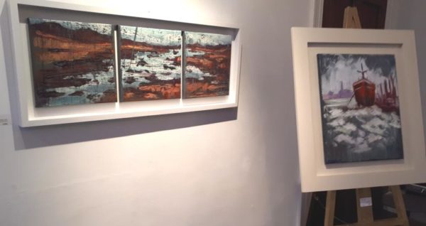 Paintings drawn from Co. Kerry and the Dublin Docks: "Blushing Coast" 30x30cm x3 panels and "Red Hull" 40x50cm both oil on canvas.