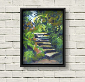 Kilmacurragh Stairs canvas print framed in black on a white brick wall.