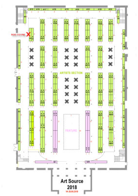 Main hall layout with an "X" marking Rod Coyne's stand.