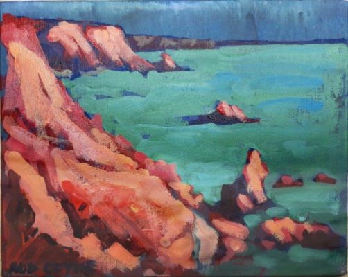 Image of Rod Coyne's painting "Copper Red Coast", 20x25cm, acrylic on canvas.