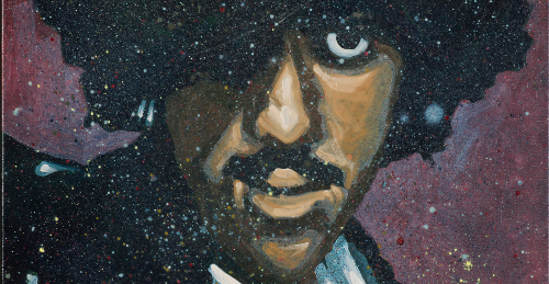This picture shows 'Phil "Philo" Lynott' cropped panoramic image for Facebook. Painted by Rod Coyne, 100x70cm, acrylic and oil paints on canvas.