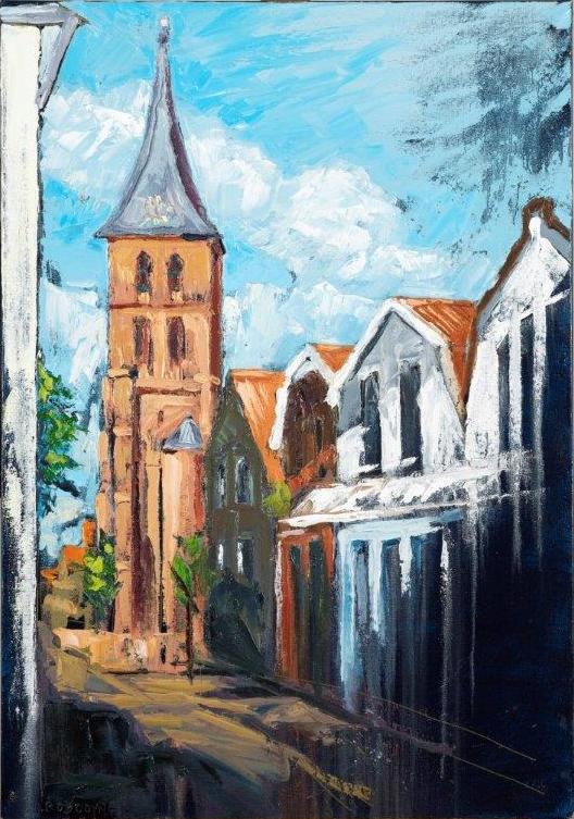 Image of painting "Domburg, Mondriaan's Church" by Rod Coyne, 70x100cm, oil on canvas, €2900.