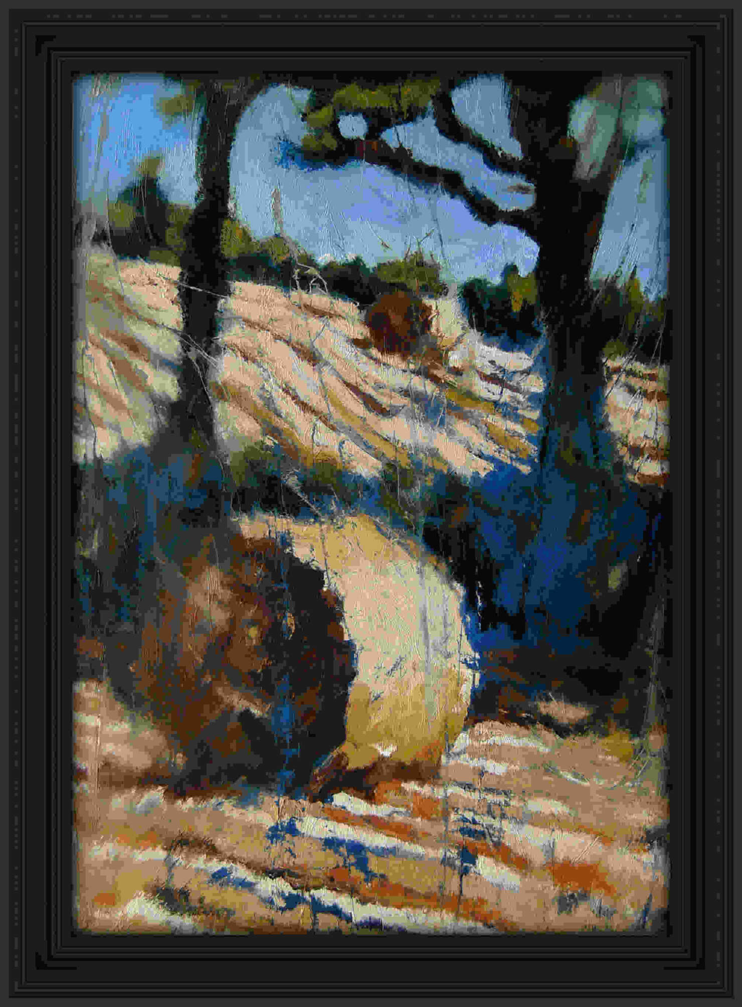 Photo of "Two Bales, Two Trees", in a black frame.