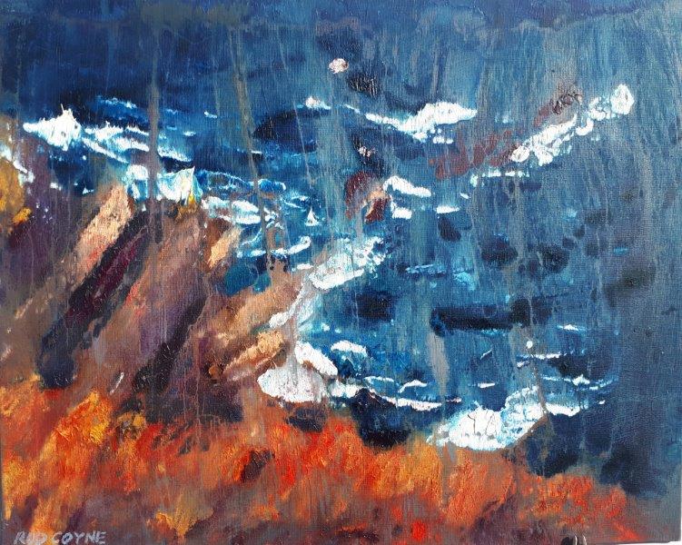 Image of "Cill Rialaig Dream" by Rod Coyne, oil on canvas, which celebrates that sense of vertigo experienced of the cliff tops of County Kerry.