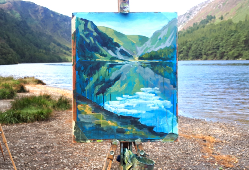 Photo depicting (still wey and on the easel) Rod Coyne's demo from our Painting Workshop at Glendalough in 2019.
