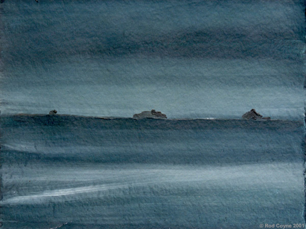 image of painting depicting distant islands on the horizon under a darkening dusk sky..