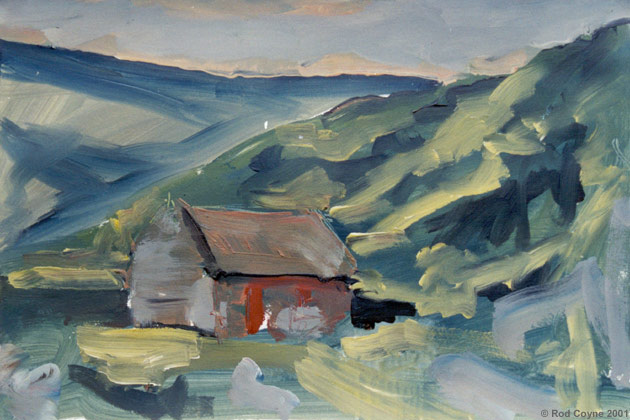 image of painting depicting a thatched cottage nested between the mountains disapering in the evening gloom. This painting was highlighted by Jurgen Raap.