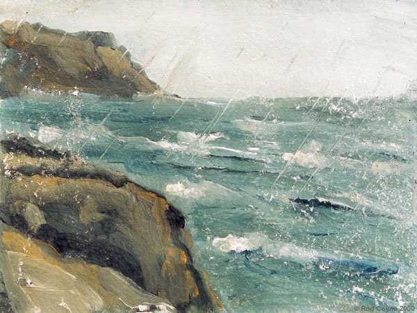 image of painting depicting a arain storm moving between Dalkery Island and the mainland. This painting was highlighted by Jurgen Raap.