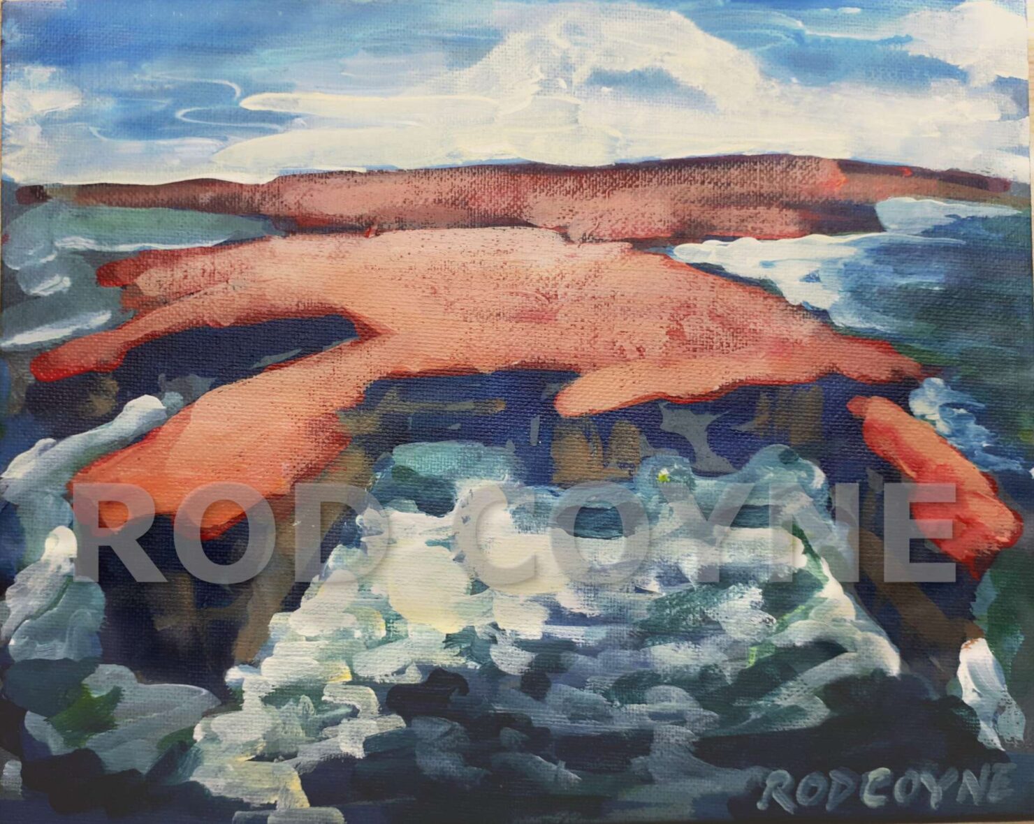 An image of Rod Coyne's dramatic seascape painting entitled "Downpatrick Redhead" in high resolution with watermank.