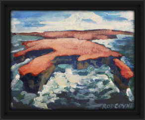 An image of Rod Coyne's dramatic seascape painting entitled "Downpatrick Redhead" is shown here framed.