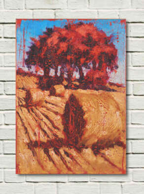 artist rod coyne's portrait "Scarlet harvest" is shown here unframed on a white wall.