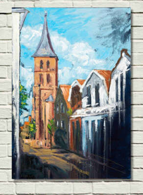 Image of "Domburg Mandriaan's Church" on a withe wall.
