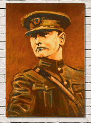 artist rod coyne's paintied portrait "General Michael Collins" oil on canvas is shown here on a white wall .