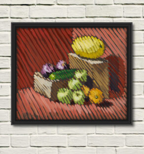 artist rod coyne's painting "diagonal stripe still life" is shown here, in a black frame on awhite wall.
