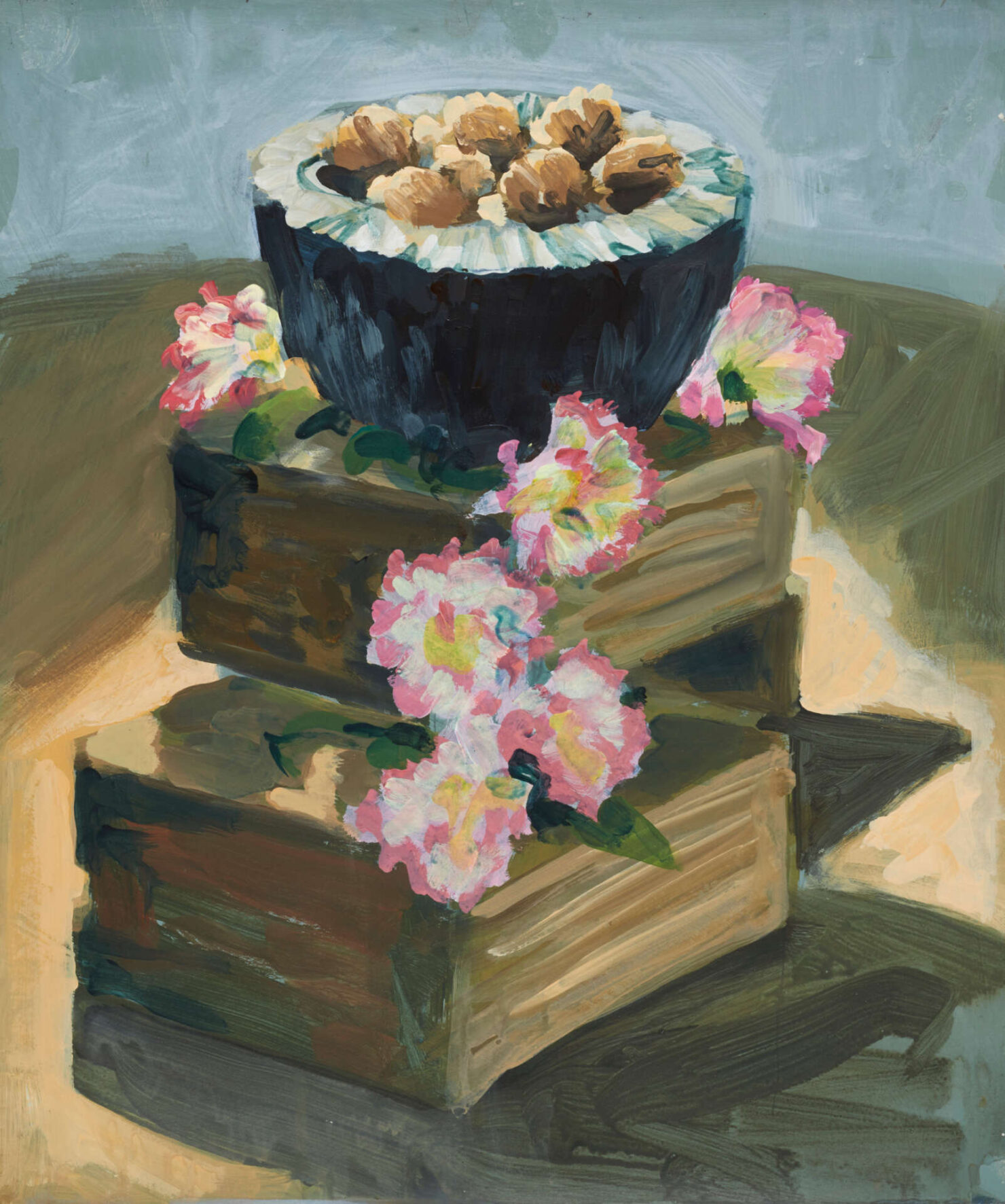 artist rod coyne's still life painting"walnuts & carnations" is shown here.