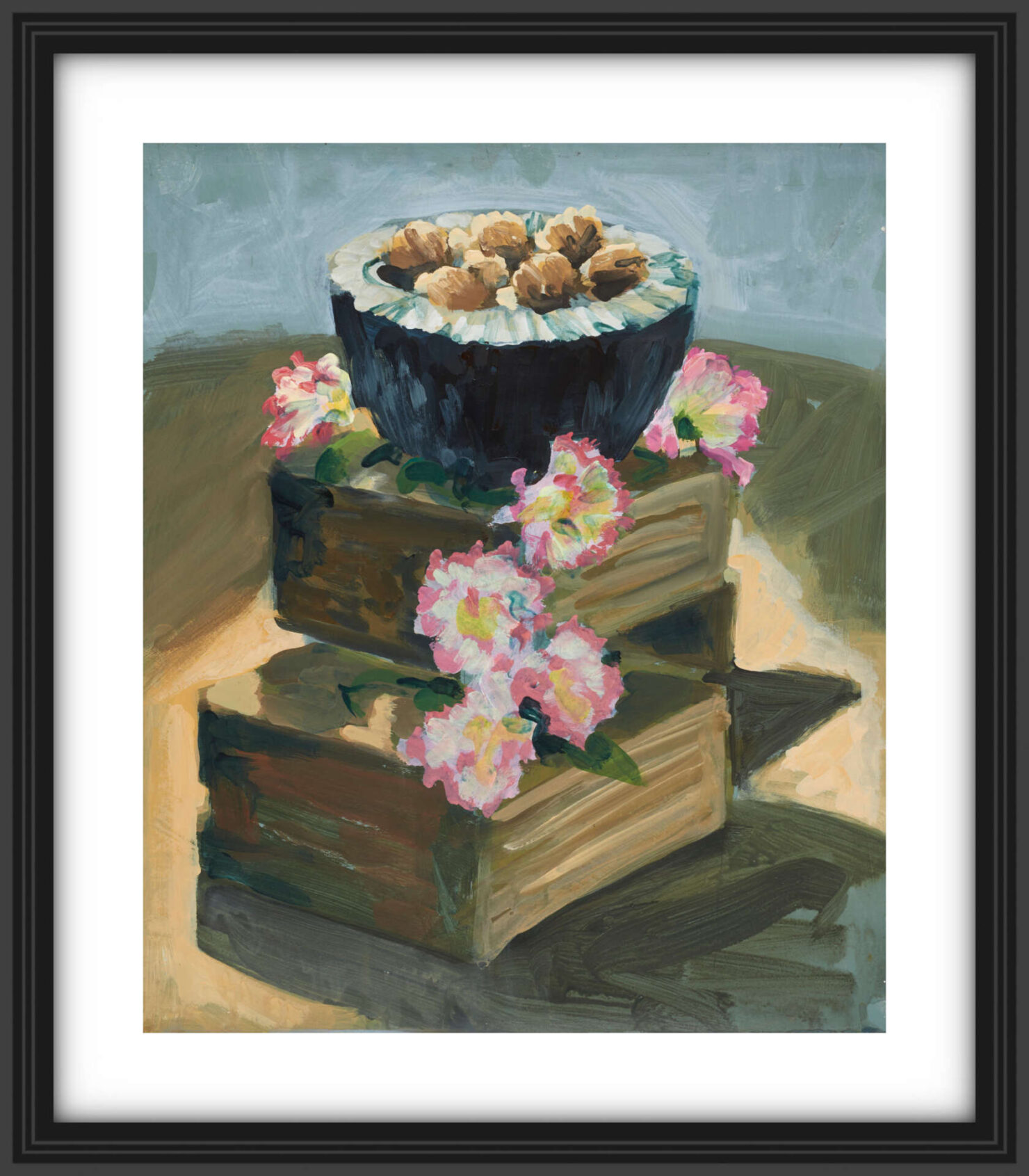 artist rod coyne's still life painting"walnuts & carnations" is shown here, on a white mount in a black frame.