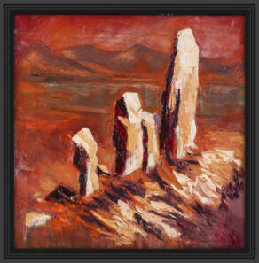 artist rod coyne's painting "moon stone mirage" is shown here in a black frame on a white wall
