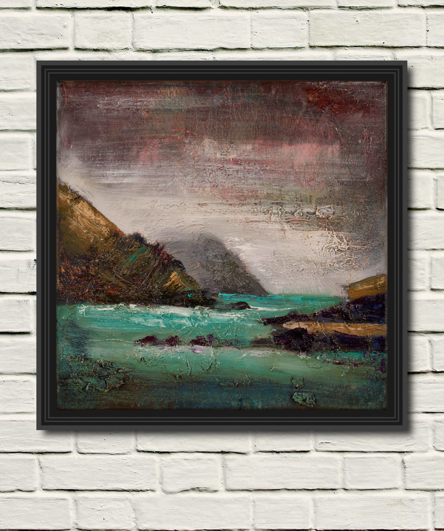 mist at ladys ruff painting shown here in a black frame on a white wall