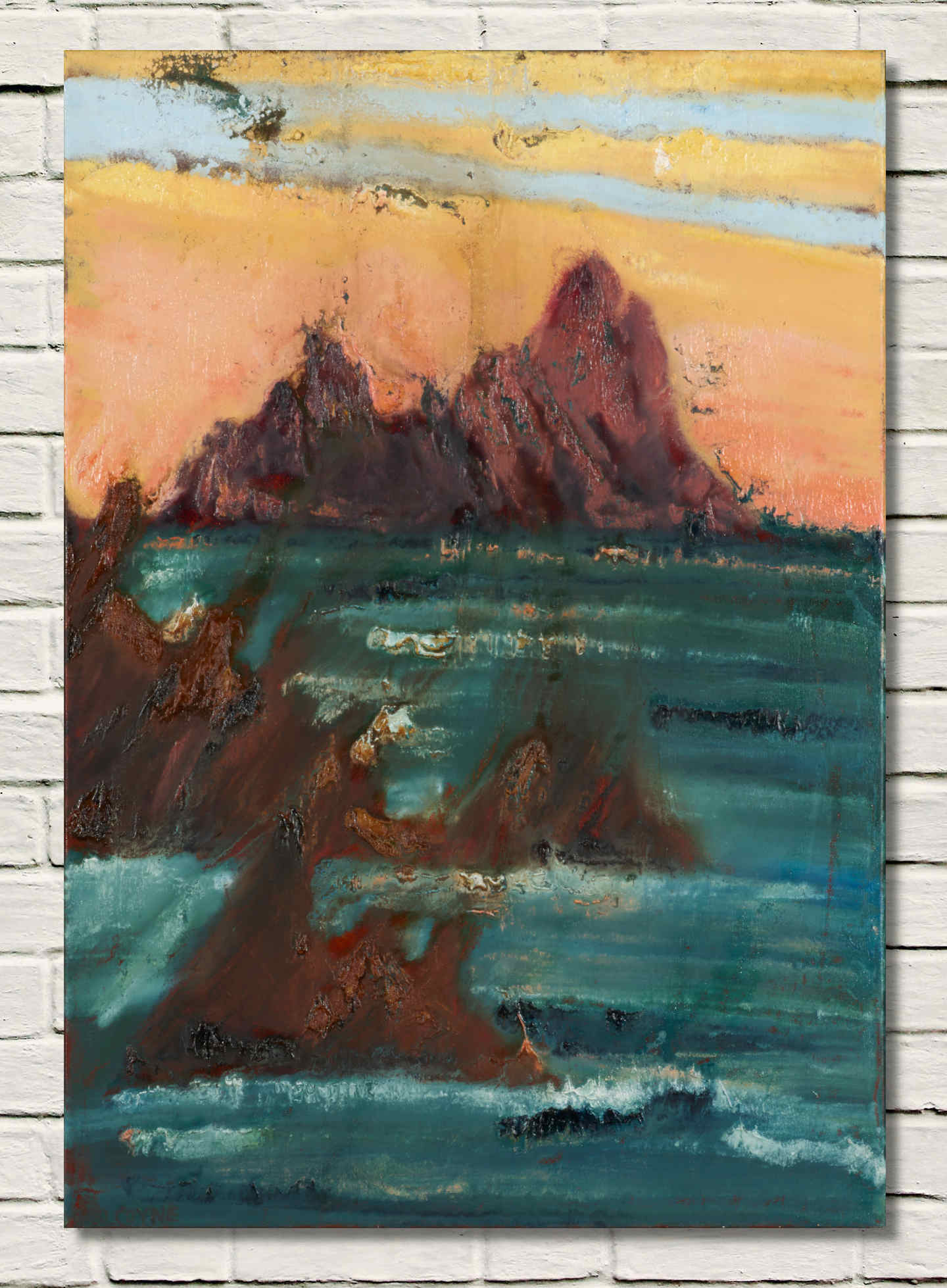 artist Rod Coyne's painting "skellig blush" is shown here on a white wall.
