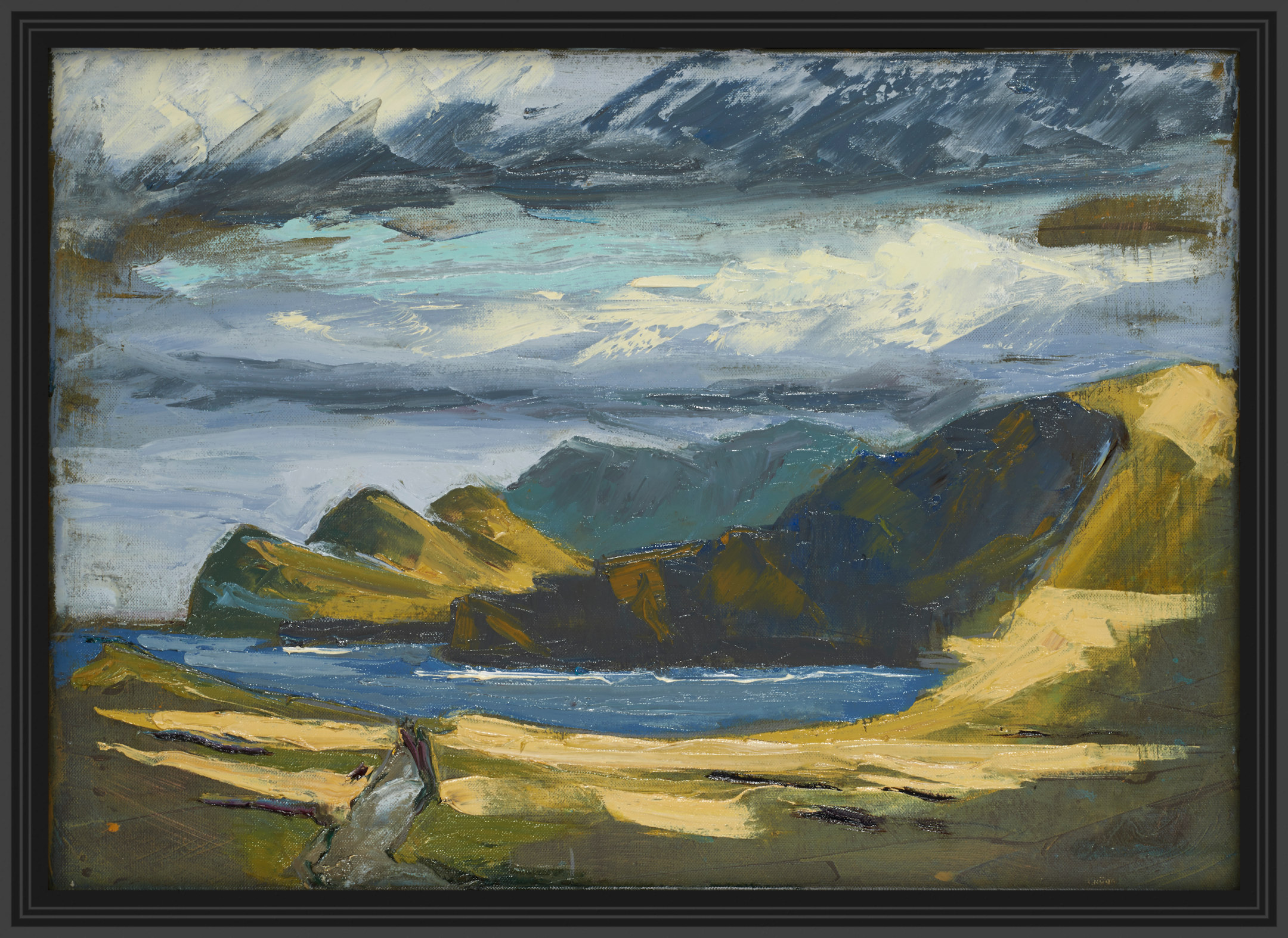 artist rod coyne's painting "three sisters" is shown here in a black frame.