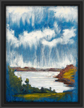 artist rod coyne's painting "Cornwall, River Fal" is shown here in a black frame.