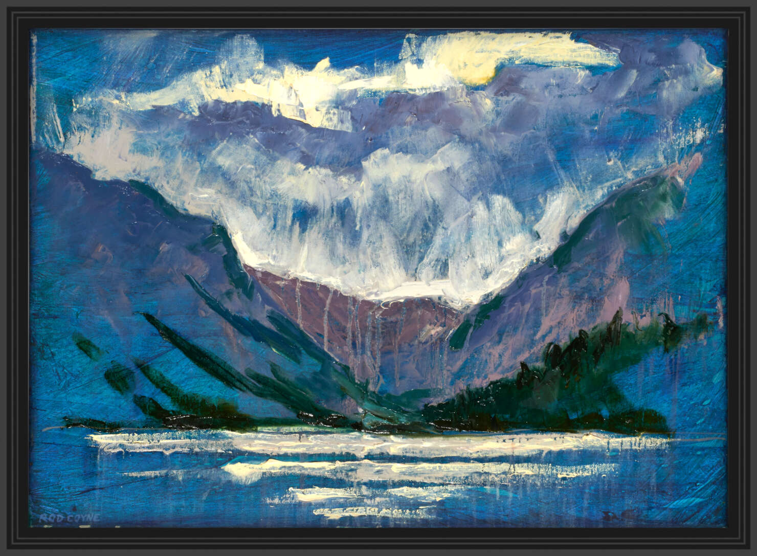artist rod coyne's painting "glendalough, upper lake" is shown here in a black frame.