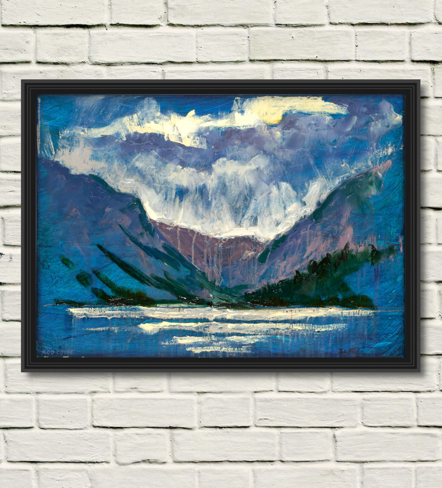 artist rod coyne's painting "glendalough, upper lake" is shown here in a black frame on a white brick wall.