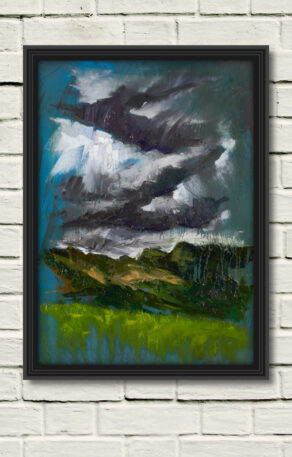 artsit rod coyne's painting "langdale pikes" is shown here in a black frame on a white wall