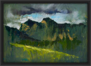 artist rod coyne's painting "pike and harrison stickle" is shown here, in a black frame.