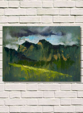 artist rod coyne's painting "pike and harrison stickle" is shown here, on a white brick wall.