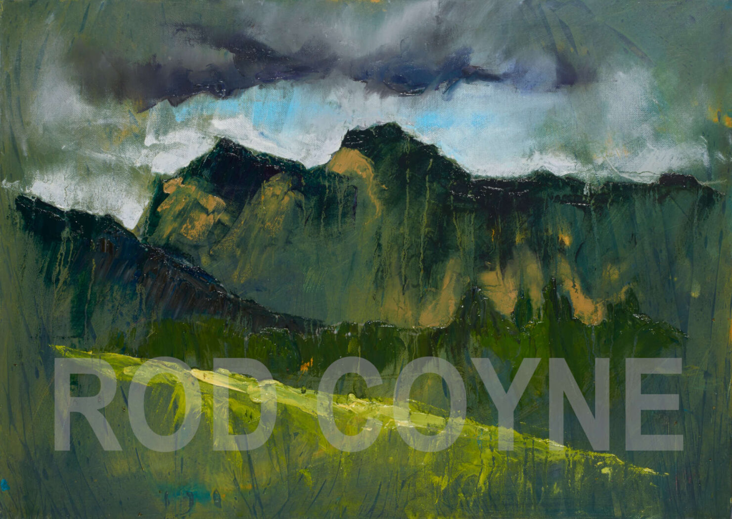 artist rod coyne's painting "pike and harrison stickle" is shown here, watermarked.